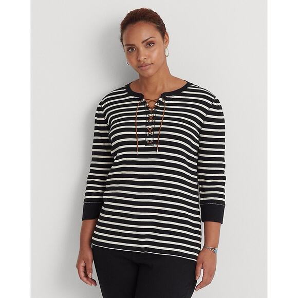 Lauren Ralph Lauren Striped Lace-Up Waffle-Knit Top Leather Drawcord Size XXL - Picture 3 of 12